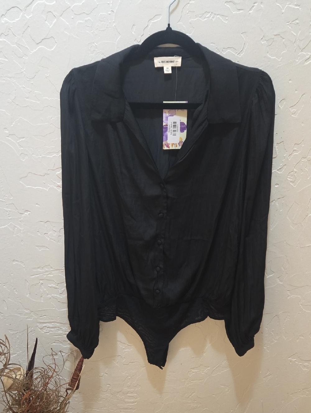 eesome Black Long-Sleeve Button-Front Bodysuit